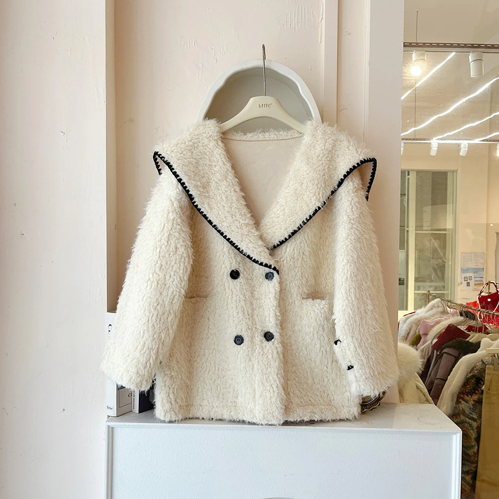 LHTE青青大码女装  轻奢小香风大翻领羊羔毛大外套A5343