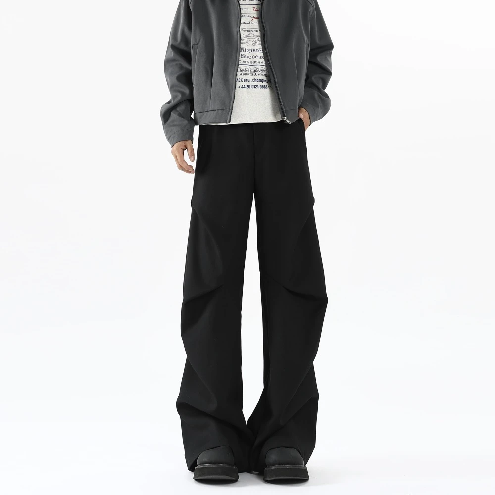 褶皱西裤男冬季美式高街设计感微喇裤秋冬款垂感阔腿直筒伞兵裤子