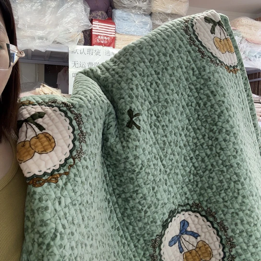 棉双人绿色婴儿绒床盖