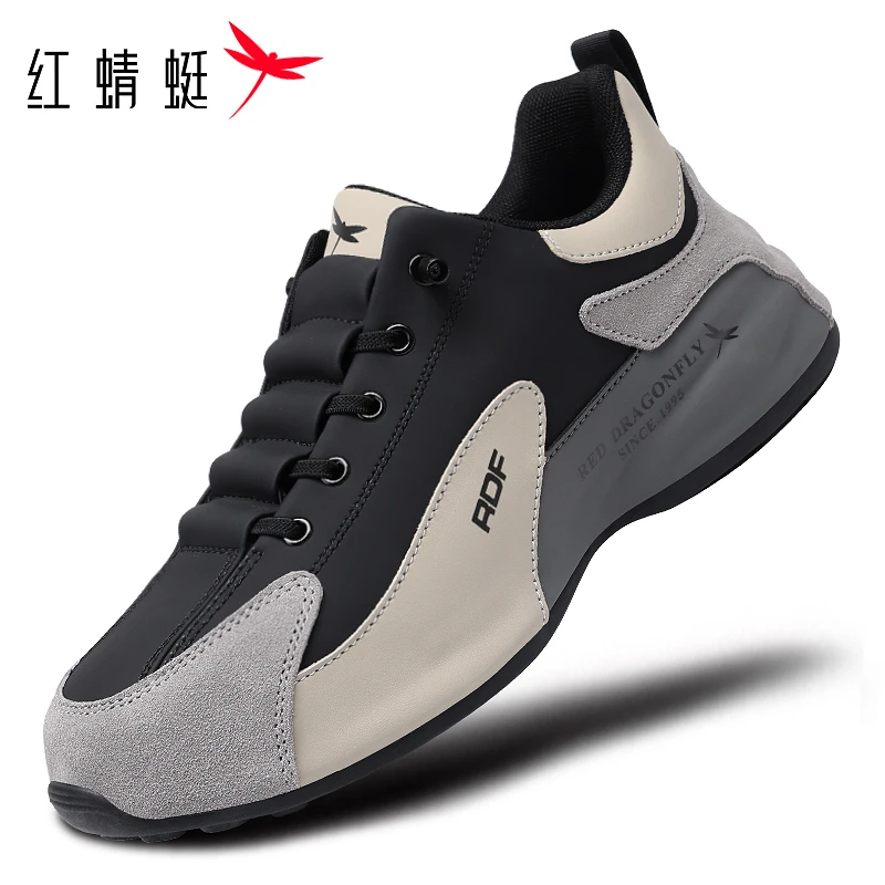 红蜻蜓冬天保暖一脚蹬男鞋老爹鞋男厚底皮面防水免系休闲运动鞋男