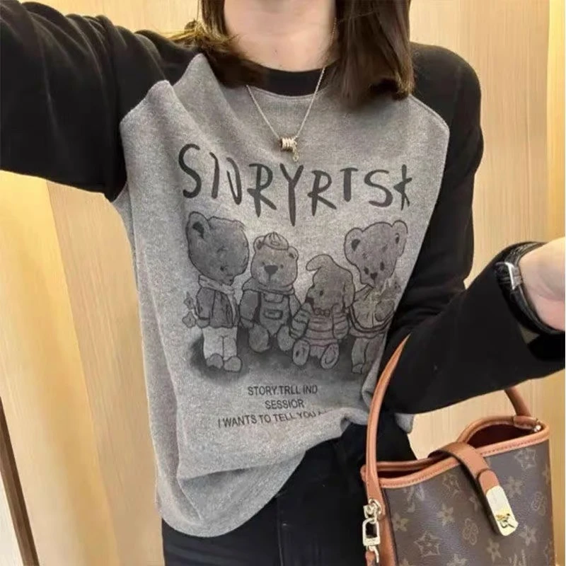 /印花小熊/撞色圆领插肩长袖毛衣宽松针织内搭设计感上衣女93508