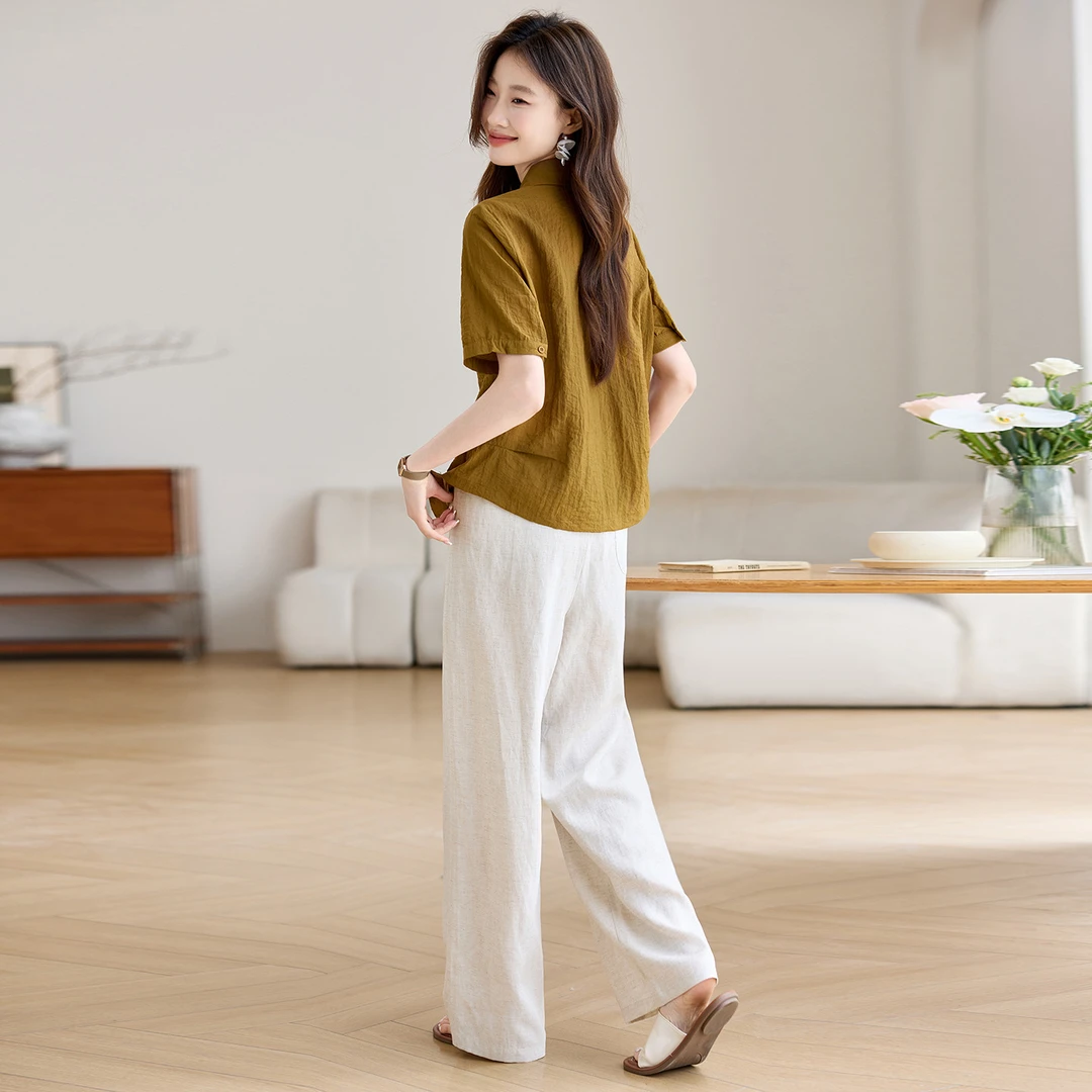 时尚亚麻套装女士2025夏季新款一整套妈妈减龄高档微胖苎麻两件套
