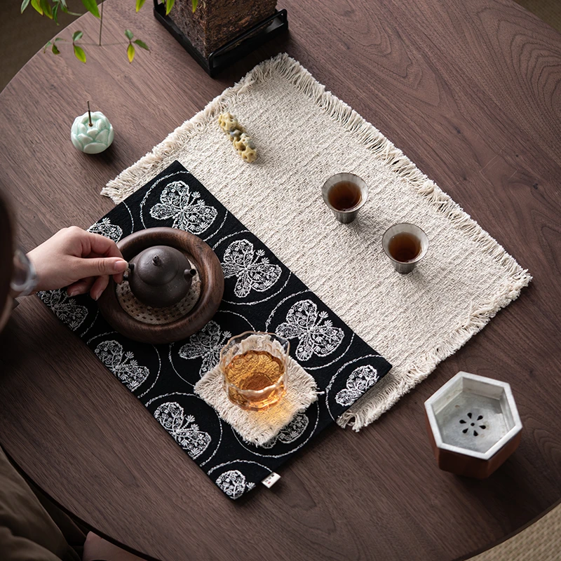 熹吾堂创意双层刺子绣蝴蝶茶席手作编织流苏隔热垫布艺茶席茶桌垫