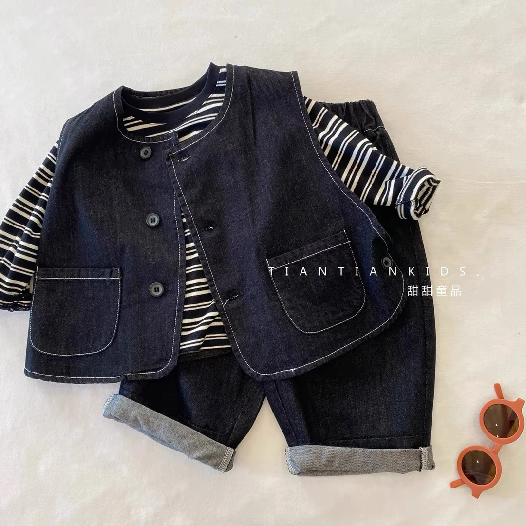 男小童时髦套装春秋季2025新款宝宝马甲牛仔秋装小男孩韩版三件套