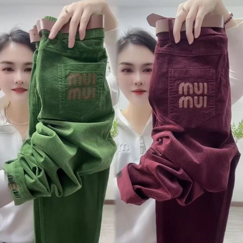 灯芯绒直筒裤女春秋季新款百搭显瘦休闲裤高腰时尚条绒小脚休闲裤