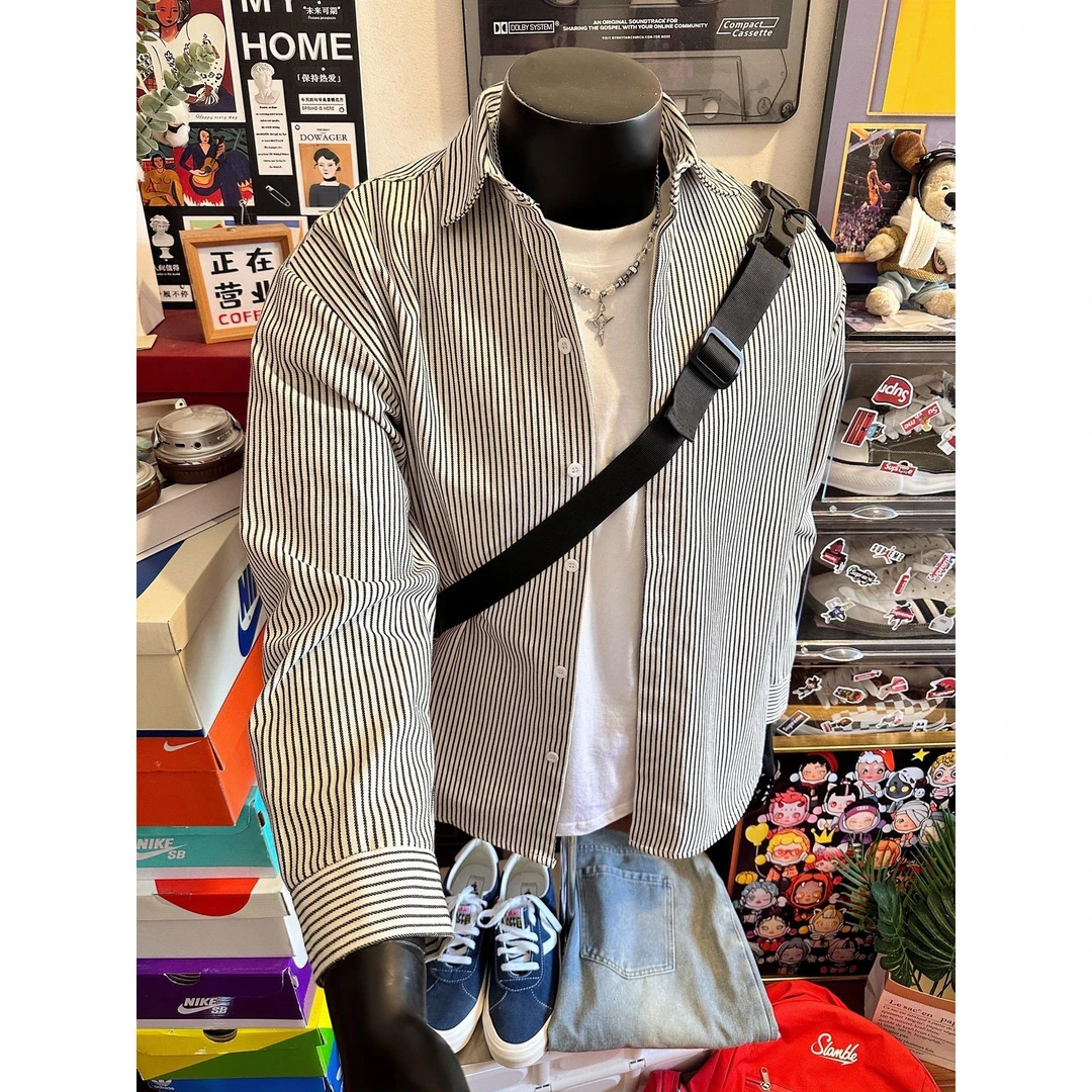 黑色竖条纹长袖衬衫男款高级感痞帅2025春季新款复古休闲衬衣外套