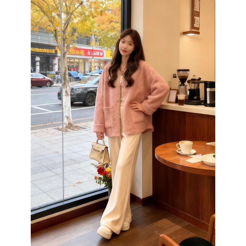 入冬穿搭一整套大码胖mm粉色外套休闲裤子甜美减龄漂亮三件套装女