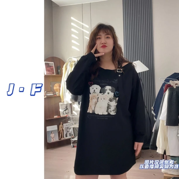 JF定制大码6042美式街头设计感卡通印花露肩卡通中长款卫衣