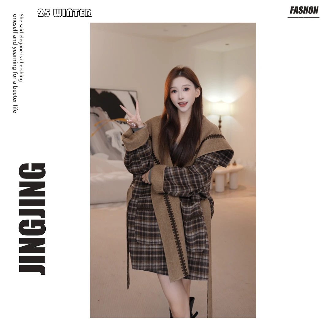 【婧婧】2025年秋冬新款双面双穿海军领格子外套双面毛呢大衣25D009