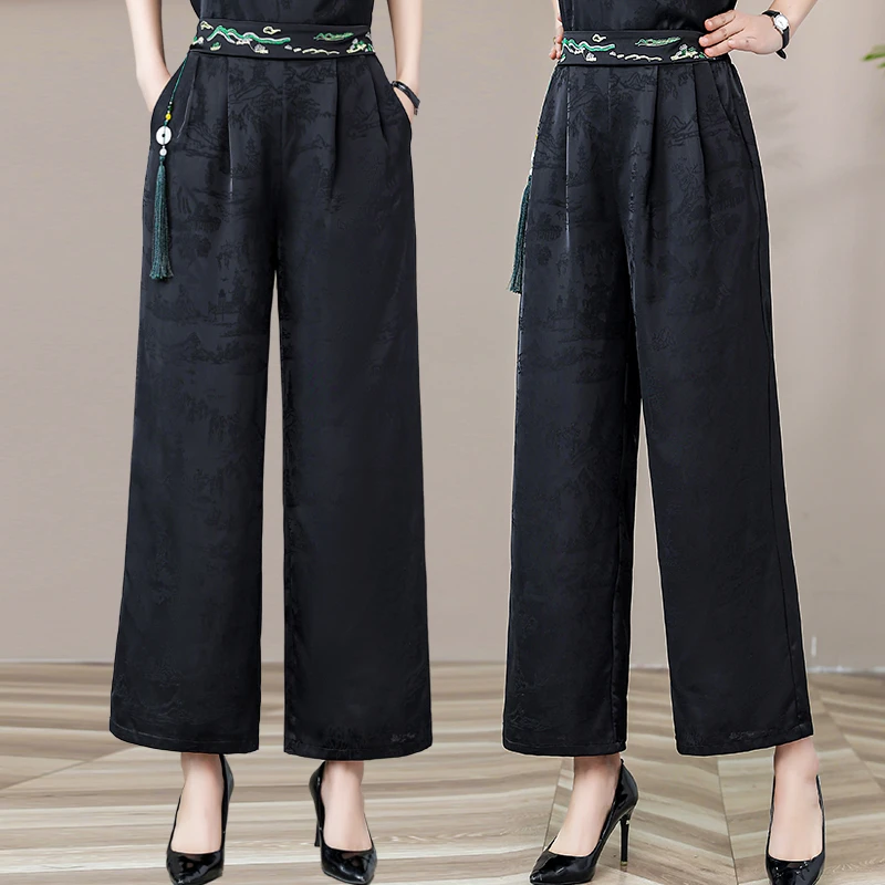 高档提花阔腿裤国风松紧腰休闲裤秋冬2024年新款时尚潮流女裤