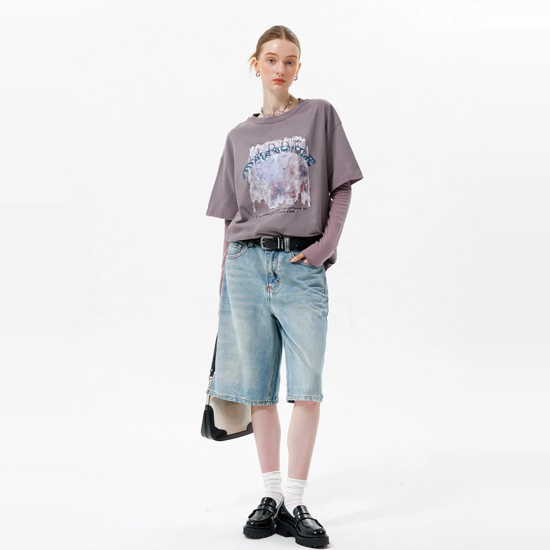 AHMI 宽松印花假两件拼接网纱T恤女士春夏季新款个性时尚百搭上衣