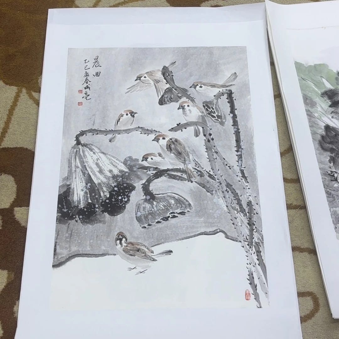 携***爷国画四尺三开花鸟童
