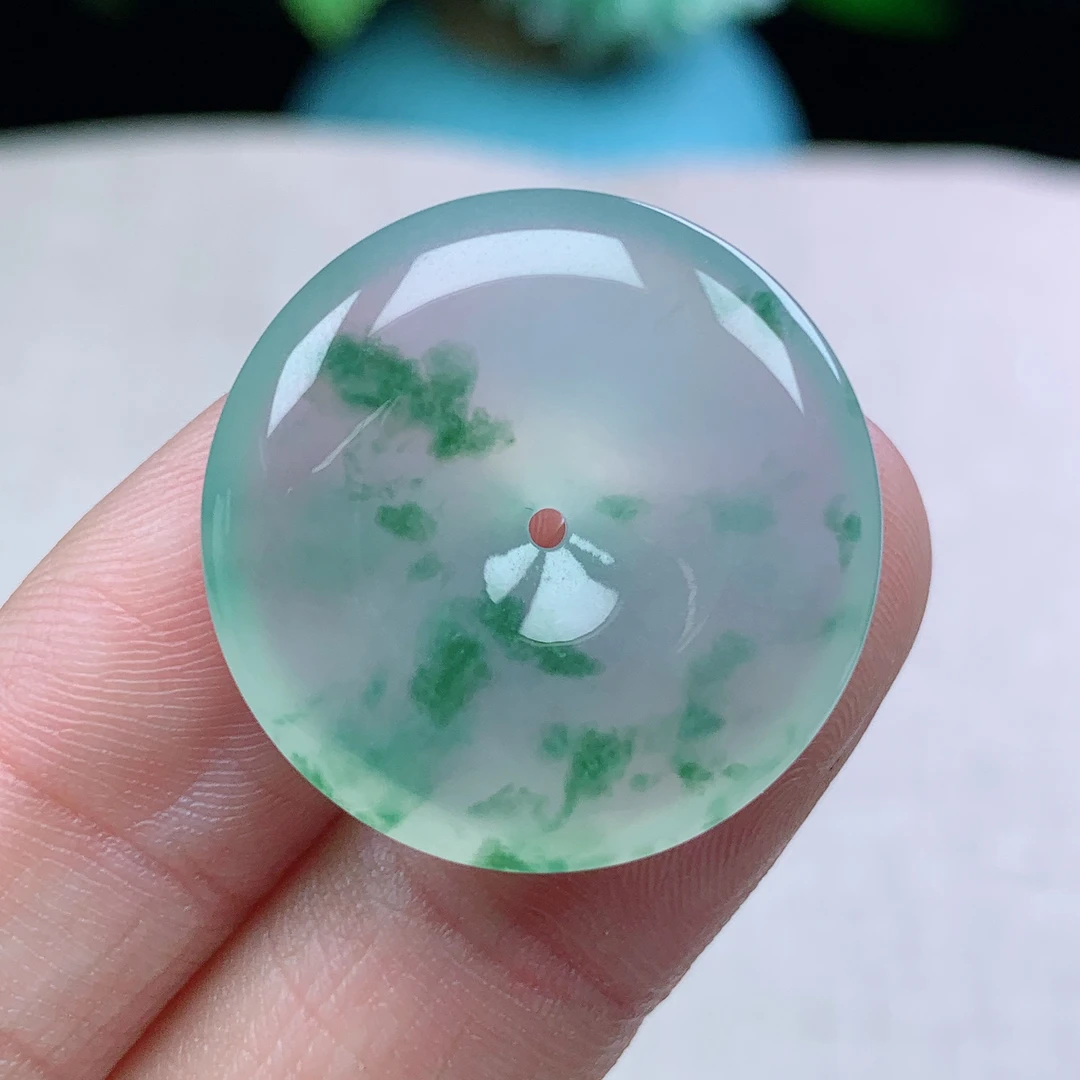 z缅甸天然翡翠A货25.3-6玉石冰种正冰飘花平安扣吊坠礼物冰透