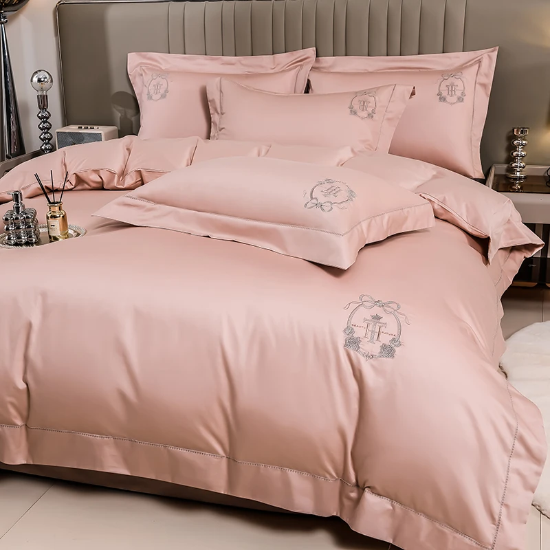 水星家纺适用轻奢高档100支新疆长绒棉刺绣四件套简约纯色公主风.