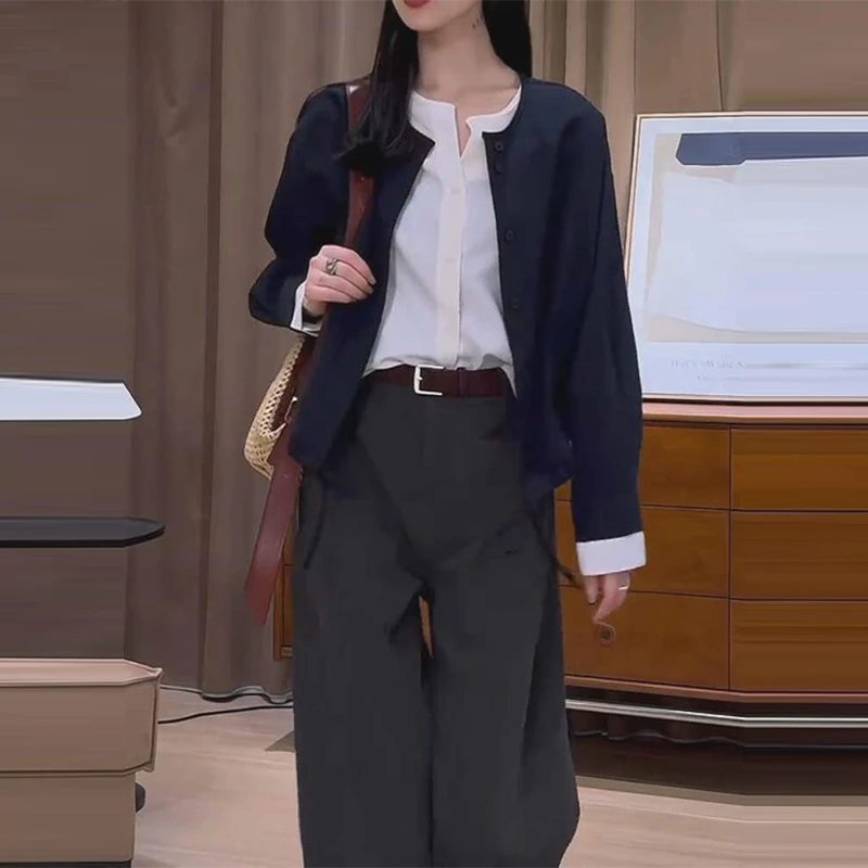 韩系复古港风拼接撞色设计感衬衫2025春季新款假两件长袖衬衣女款