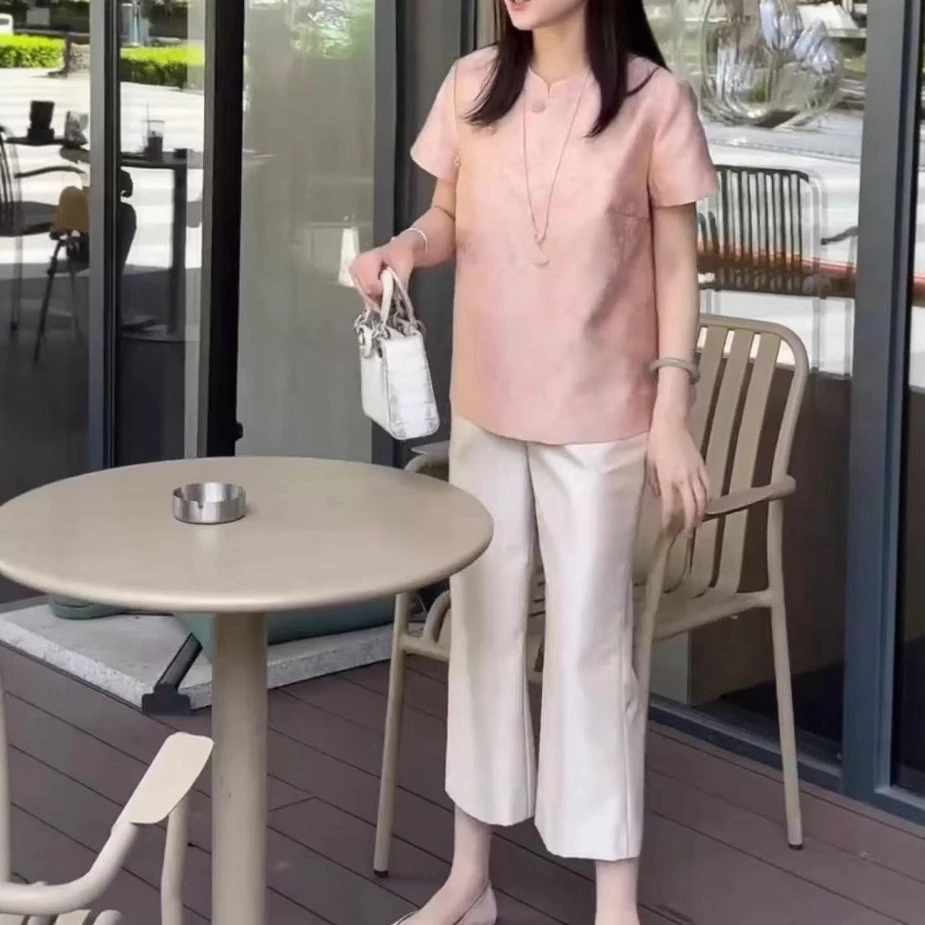 夏季新款时尚粉色新中式国风宽松上衣高腰直筒裤女装两件套