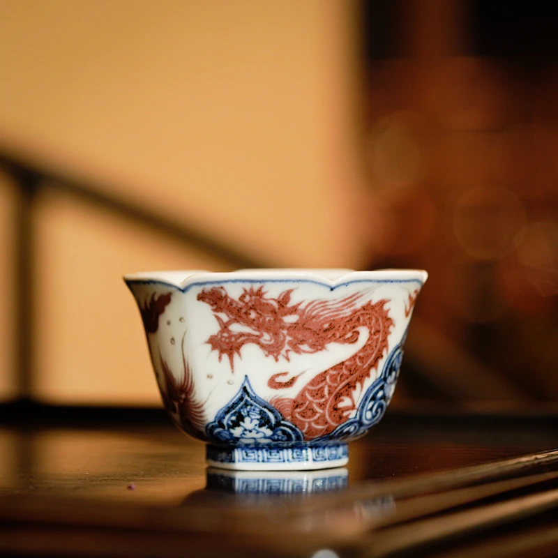 【栗子严选 】畅怀堂青花釉里红龙穿花六方杯 cht11