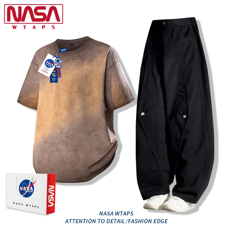 NASA WTAPS夏季圆领短袖套装男潮牌纯色休闲运动上衣搭长裤两件套