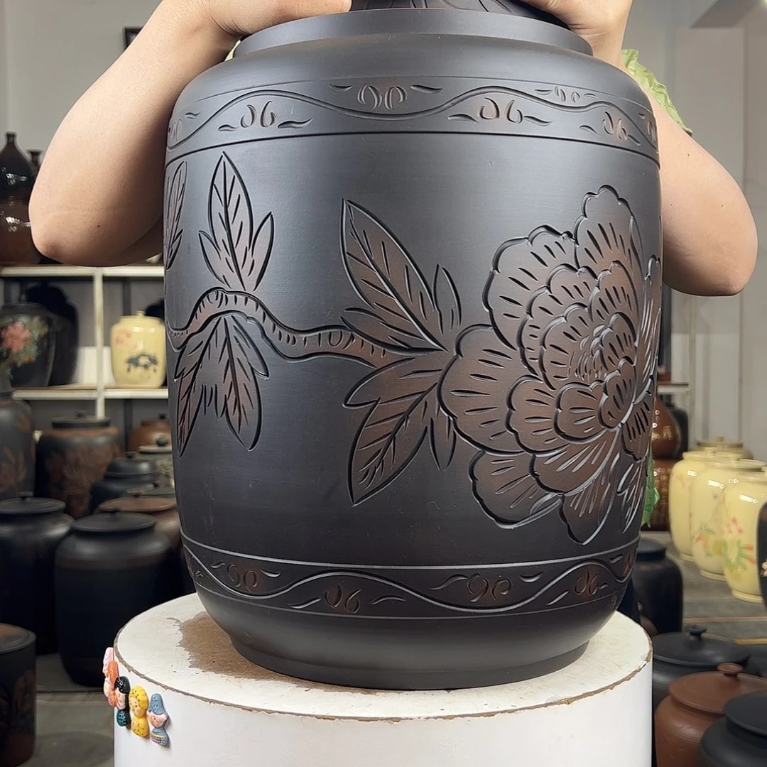 20升水缸盖子有孔纯手工精工线雕牡丹