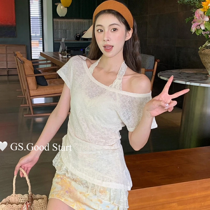 【灵感日记T恤+蕾丝背心】两件套挂脖飘带蕾丝修身薄款T恤上衣