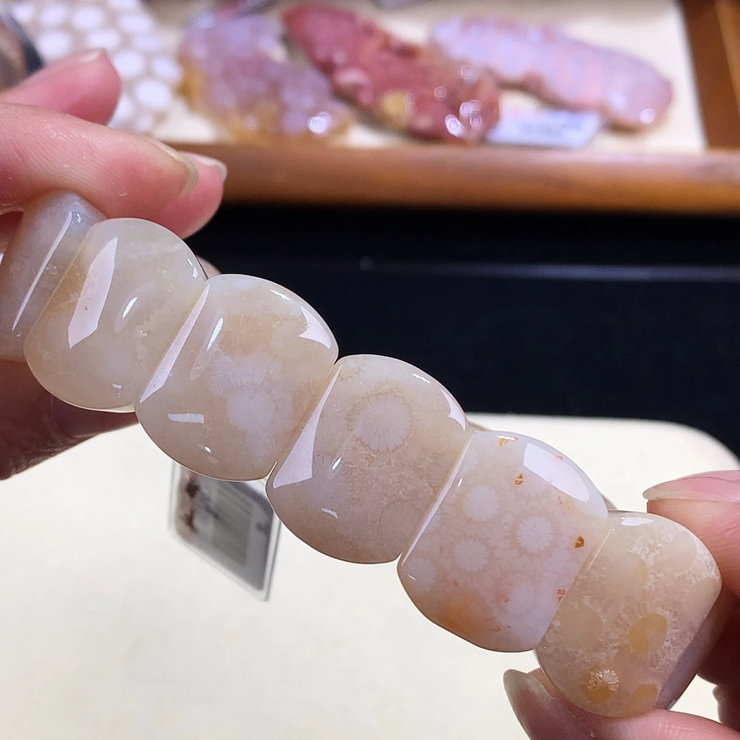 硅化珊瑚（珊瑚玉）未镶嵌白冰花手排18