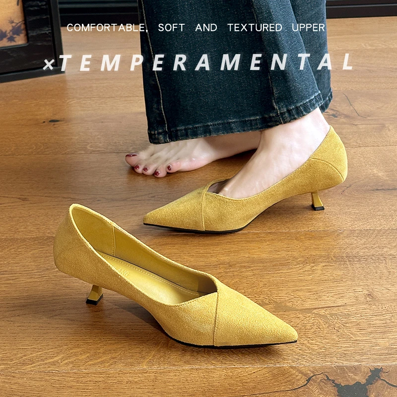 单鞋女新款春秋季百搭通勤中跟浅口小跟鞋法式尖头细跟5cm低跟鞋