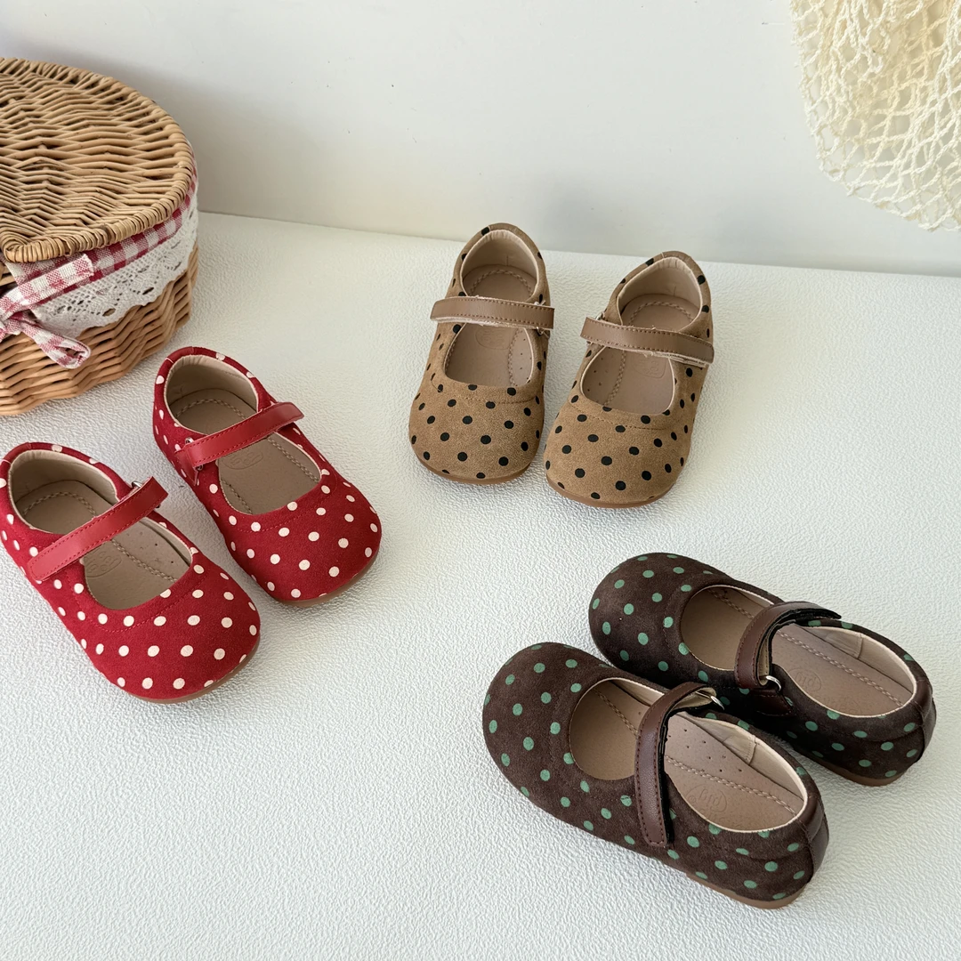 ZML 女童公主鞋真皮秋季复古波点软底芭蕾圆头瓢鞋浅口红色单鞋子