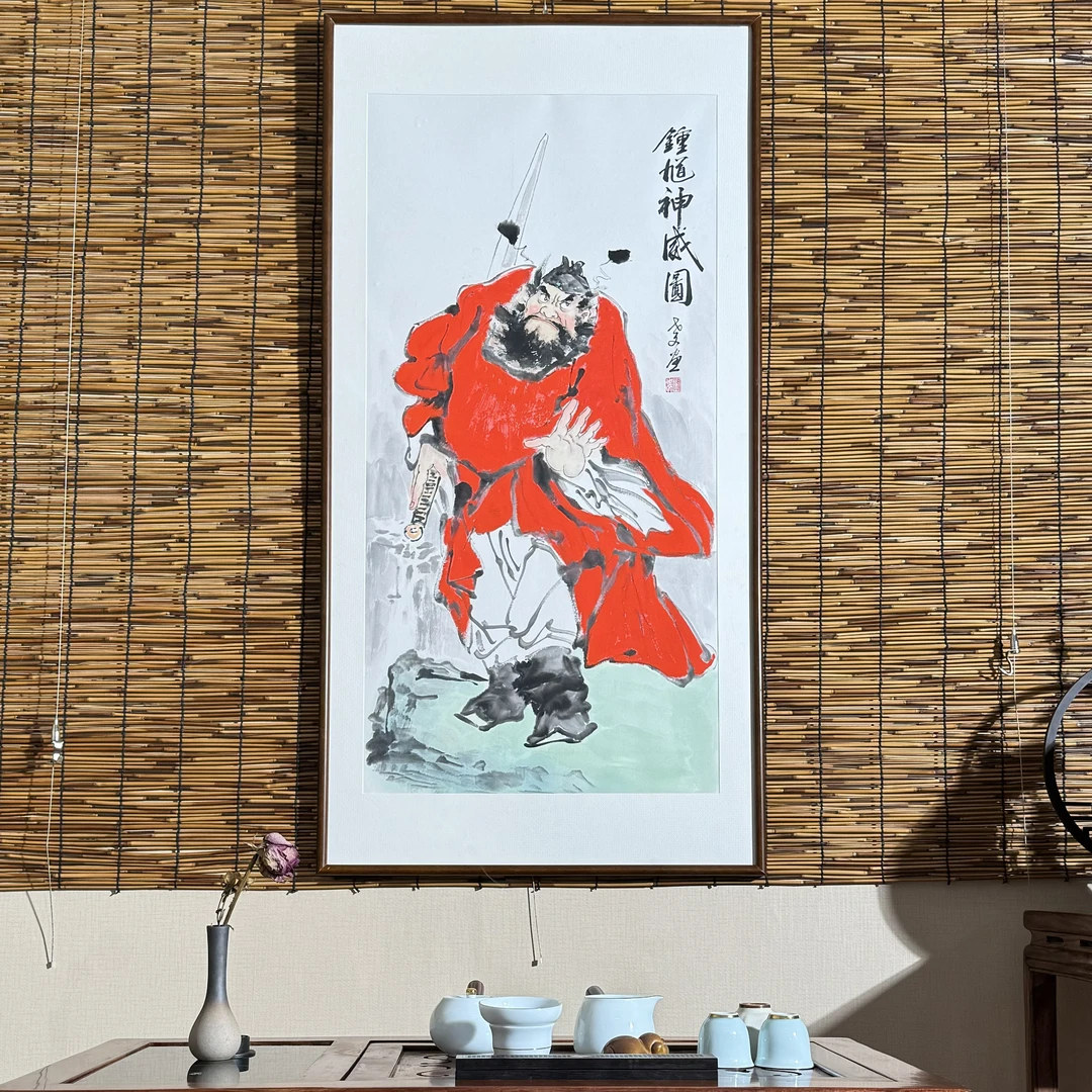 钟馗神威手绘画带框装裱尺寸122*62茶室 玄关办公室客厅装饰挂画