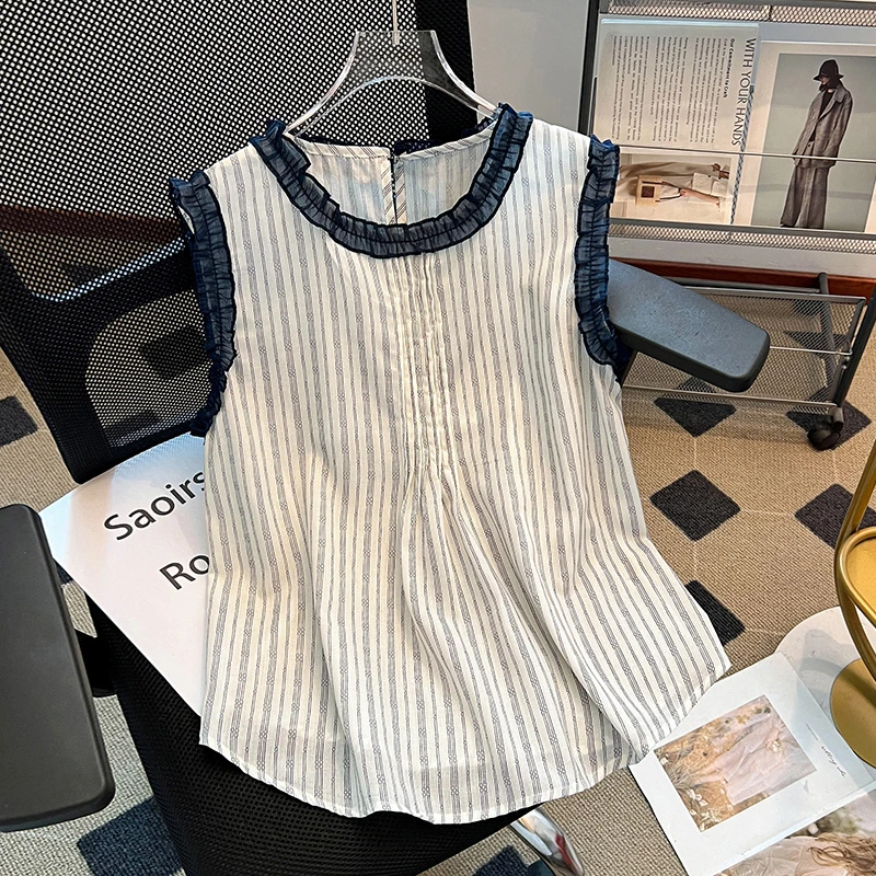 韩系复古蕾丝拼接条纹背心衬衫女2025夏季木耳边减龄圆领无袖上衣