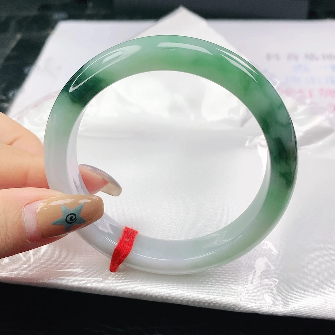 翡翠未镶嵌手镯翡翠57.4半山水飘绿花正圈