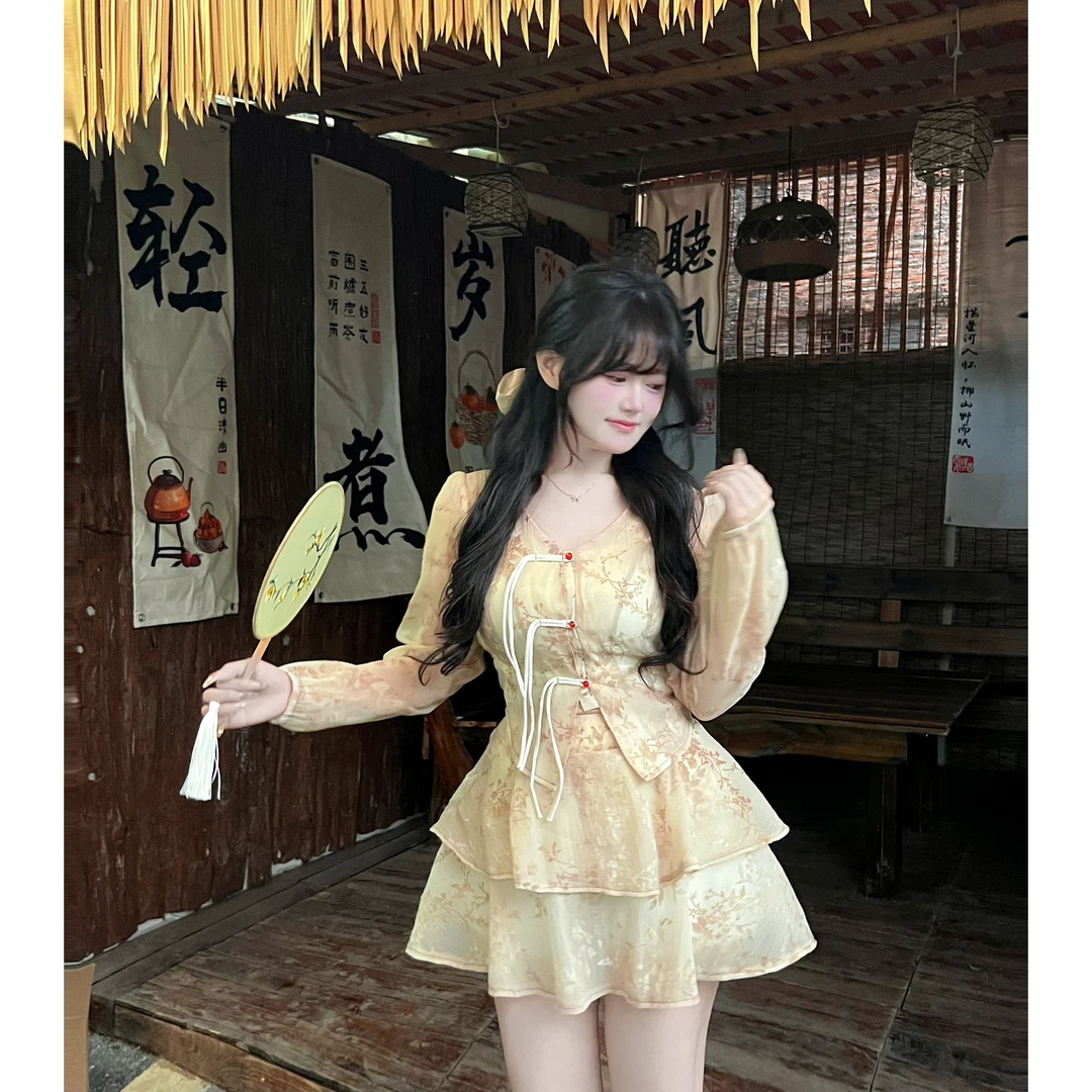 【杏花雨落】7701微胖mm新中式国风气质显瘦碎花衬衫+蛋糕裙套装