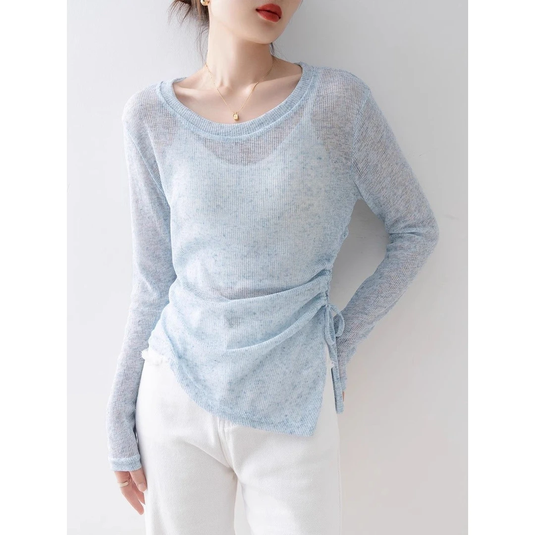 防晒罩衫上衣女新款韩系别致纯色不规则圆领抽褶长袖针织t恤女