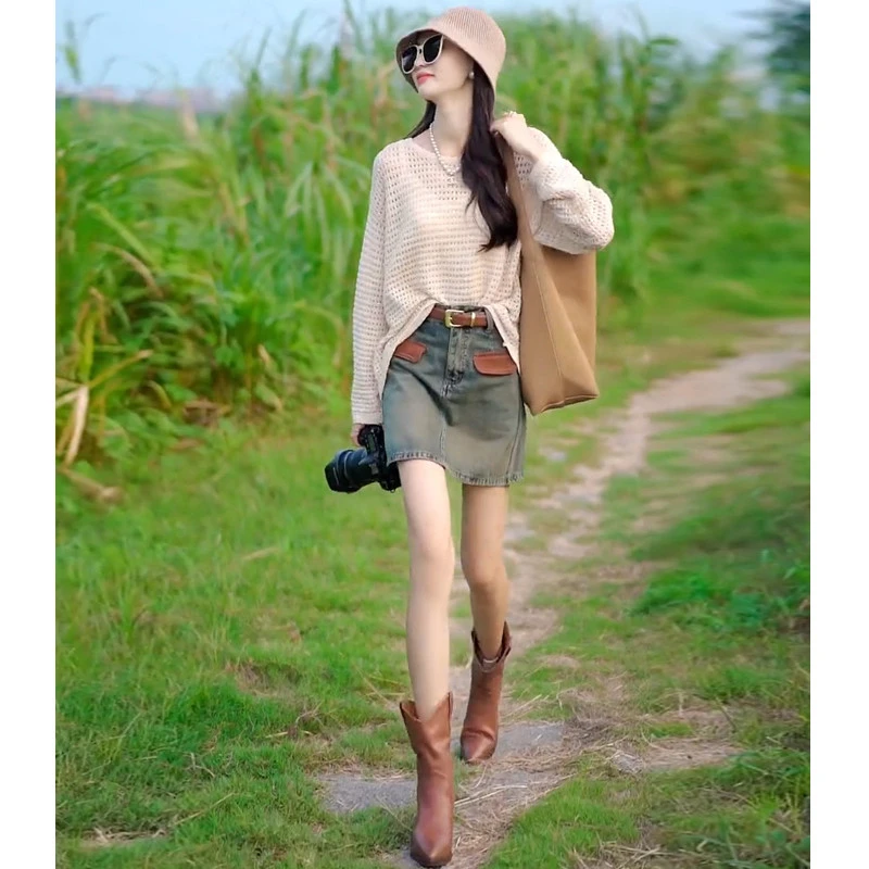 小个子春季穿搭套装女2025新款后背开叉镂空针织衫牛仔短裙两件套