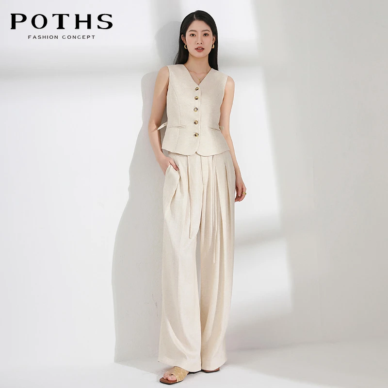 铂玺新款气质百搭宽松显瘦马甲西装外套女直筒长裤套装85240066