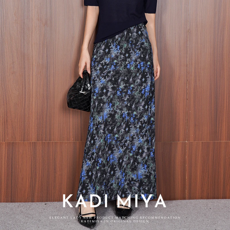 KADIMIYA【兰花岛】优雅晕染印花弹力腰半身裙女百搭显瘦高中长半裙
