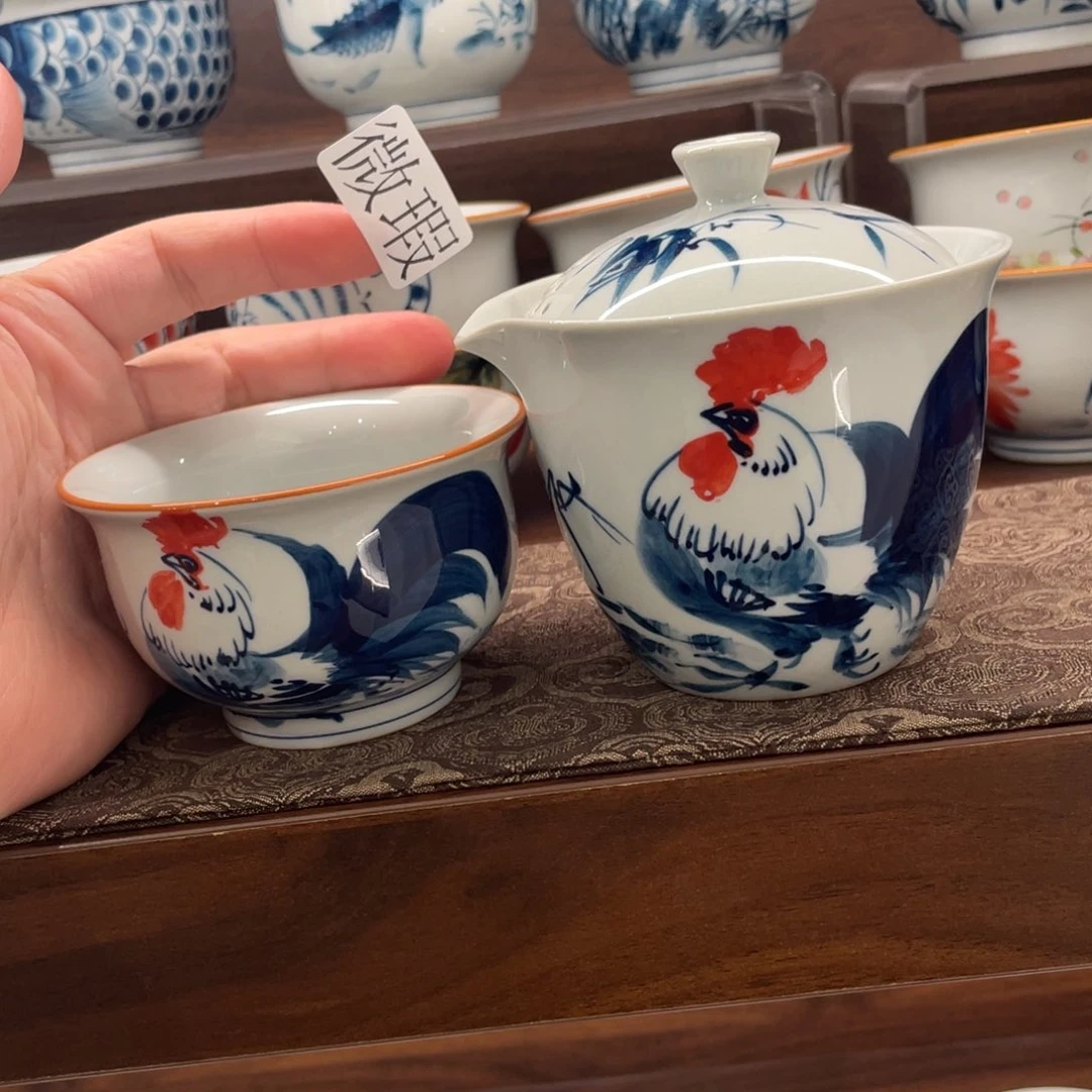 釉下手绘茶具微瑕