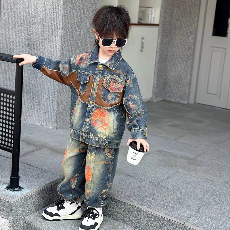 男童秋装套装2025新款韩版痞帅男孩牛仔外套炸街儿童春秋季工装服