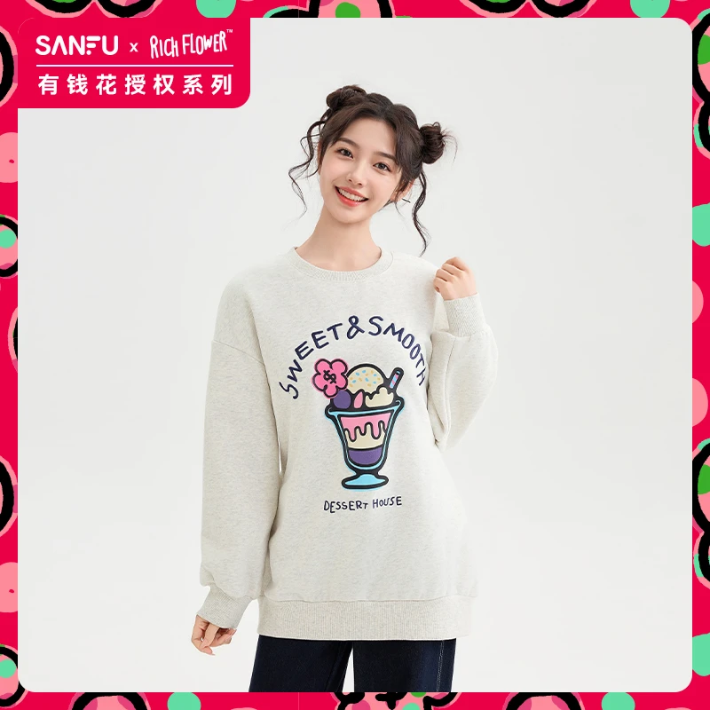 三福卫衣2025春季冰激凌印花圆领加绒宽松上衣女装495045