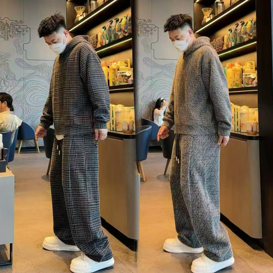 13032-13033秋冬季加厚保暖宽松套装男女同款连帽潮流休闲套装