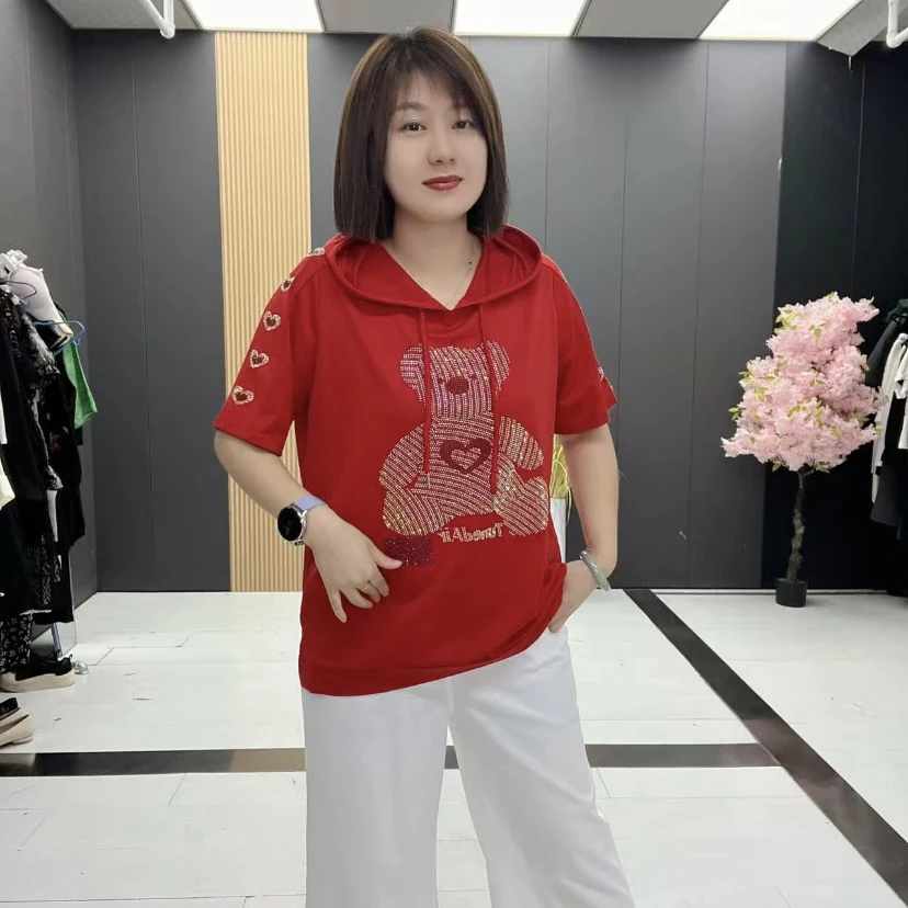 BB362夏季时尚连帽烫钻小熊洋气短袖上衣