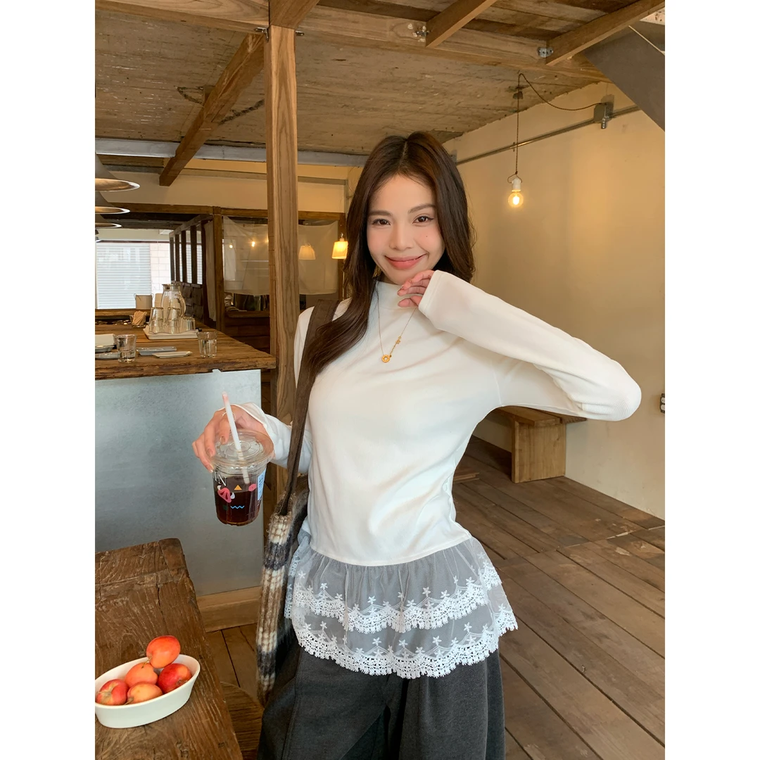 宋正恩11/24 10:00AM上新【蕾丝拼接半高领白色长袖上衣】AA27265