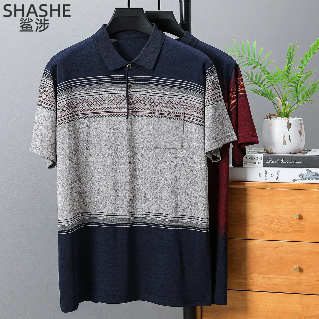 夏季男装翻领冰丝短袖男中老年爸爸装针织T恤真口袋上衣爷爷装T恤