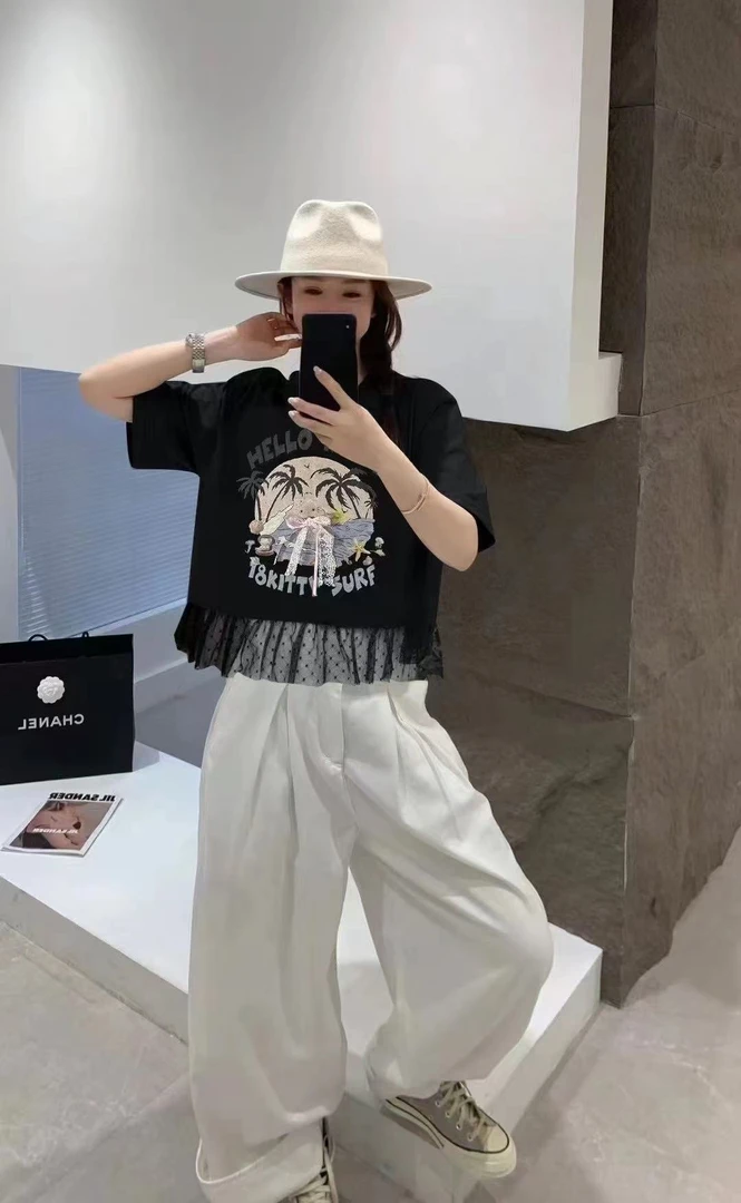 KM-拼色时尚大版流苏卡通常规款短袖A字型设计师印花T恤9509