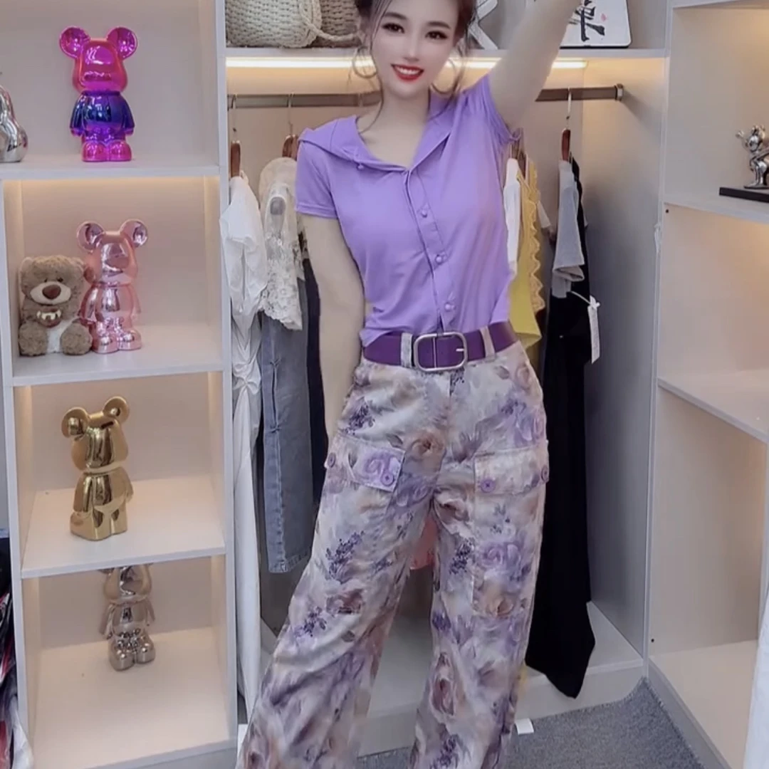 夏季时尚连帽短袖上衣搭配花裤子套装两件套