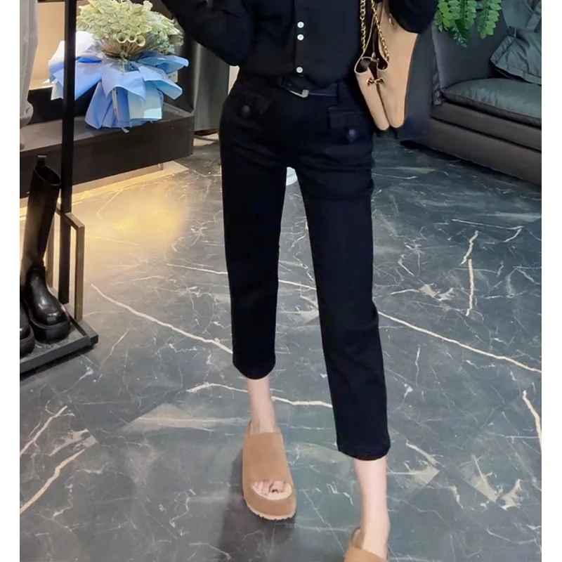 小个子穿搭秋季新款烟管裤女高腰直筒窄版显瘦弹力修身百搭牛仔裤
