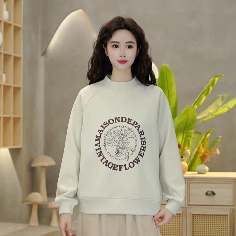 6669 冬季新款加绒加厚花朵印花卫衣时尚百搭圆领长袖上衣