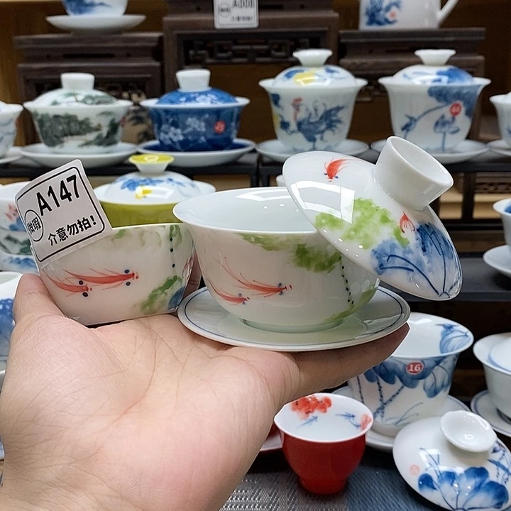 手绘五彩荷花悬停盖碗150cc➕水缸杯釉下彩微瑕福利款