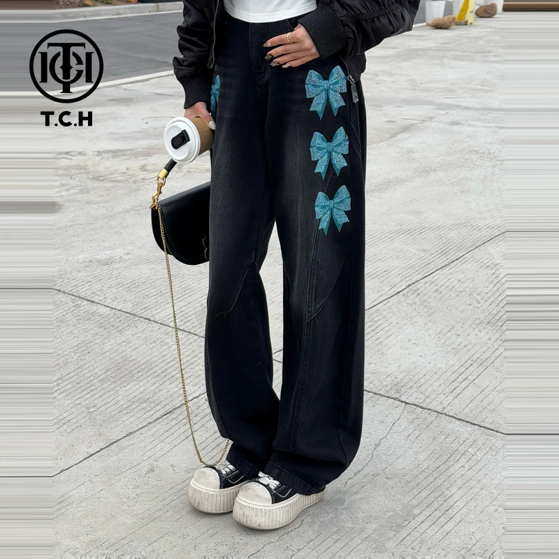 TCH烫钻工艺蝴蝶结洋气系列弯牛仔裤女T75A20E5003轻奢tch