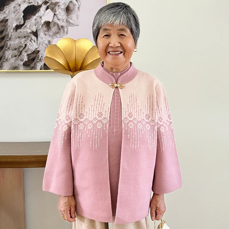妈妈中老年秋装洋气针织两件套老年人奶奶新款春秋季气质套装衣服