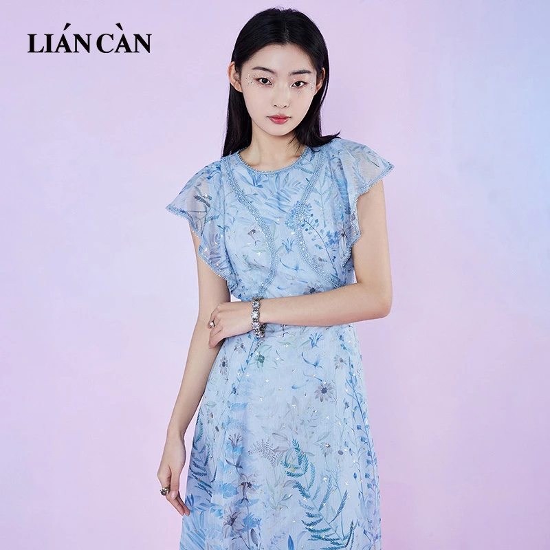莲灿2025夏春新商场同款波西米亚风时尚花边雪纺连衣裙71EO224025